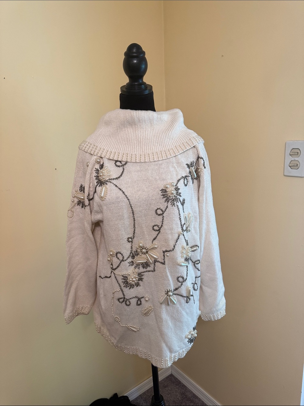 Cream Embellished Cowl Neck Sweater - Women